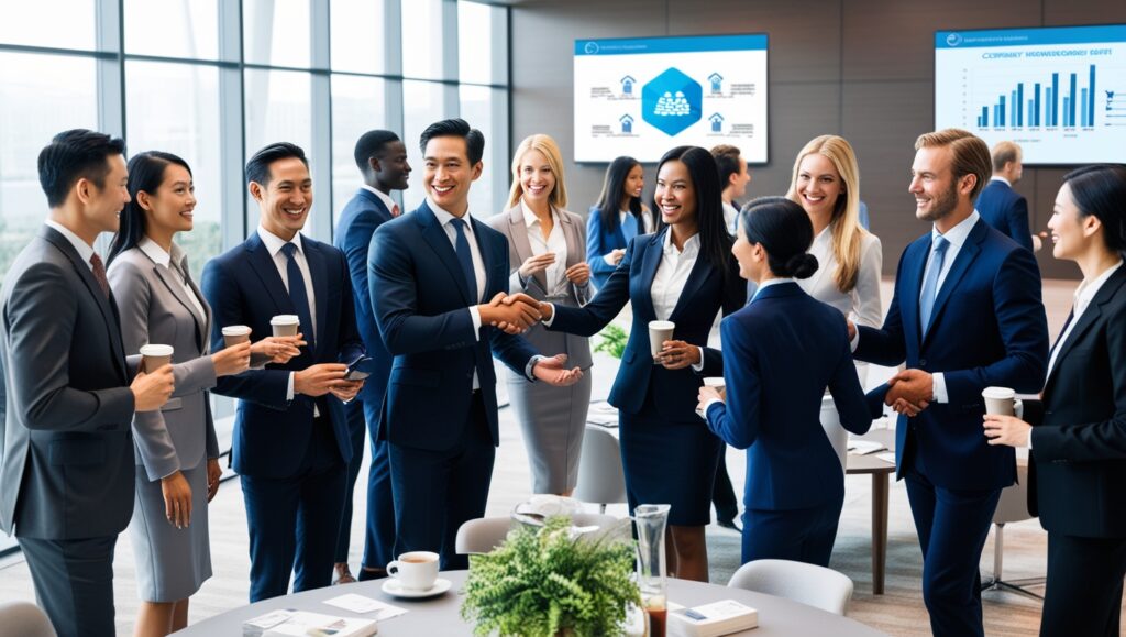 A group of diverse business professionals networking in a modern conference room, dressed in formal attire, shaking hands, smiling, and holding coffee cups. Large screens in the background display charts and data, symbolizing collaboration, relationship-building, and professional growth.