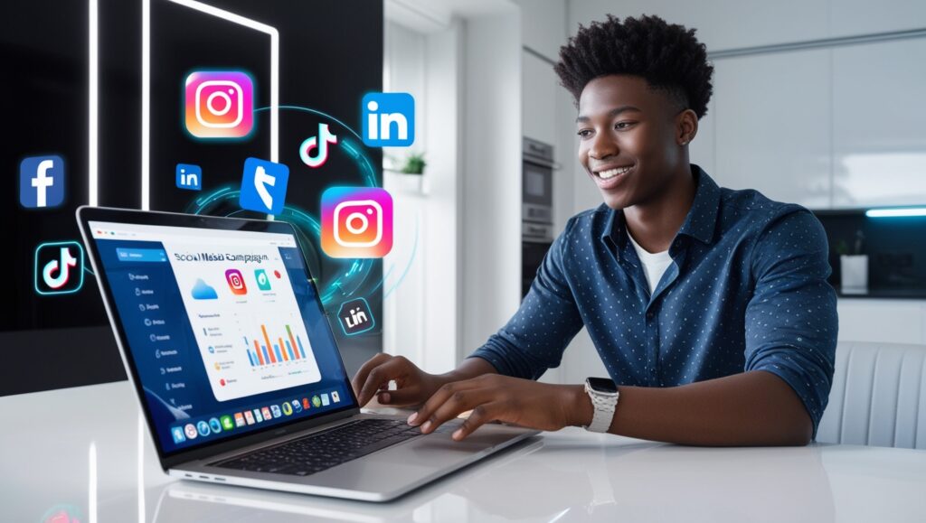 Young entrepreneur managing social media marketing campaigns on a laptop, surrounded by floating social media icons like Instagram, Facebook, and LinkedIn.