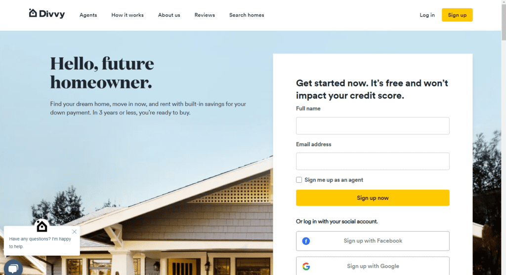 Divvy homepage featuring a welcoming message for future homeowners. Promoting rent-to-own services with built-in savings for down payments. Includes a sign-up form and options for social login.