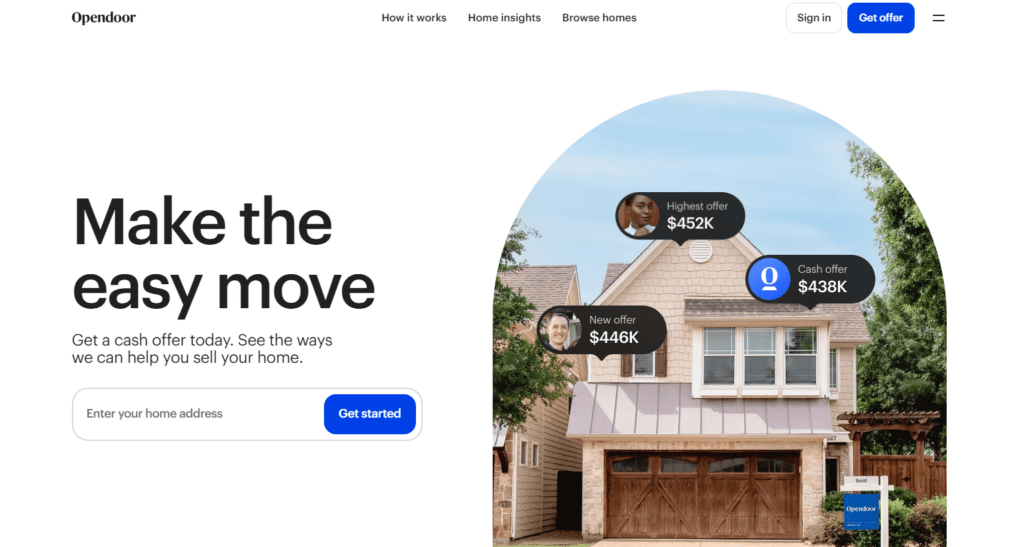 Opendoor homepage showcasing instant cash offers for selling homes, with visual indicators of different offer amounts, emphasizing ease of use and convenience for home sellers.