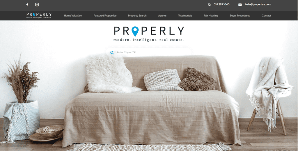 Properly homepage showcasing a cozy interior setup with neutral decor. Features a search bar for city or ZIP code entry and navigation options for real estate services, including home valuation and property search.