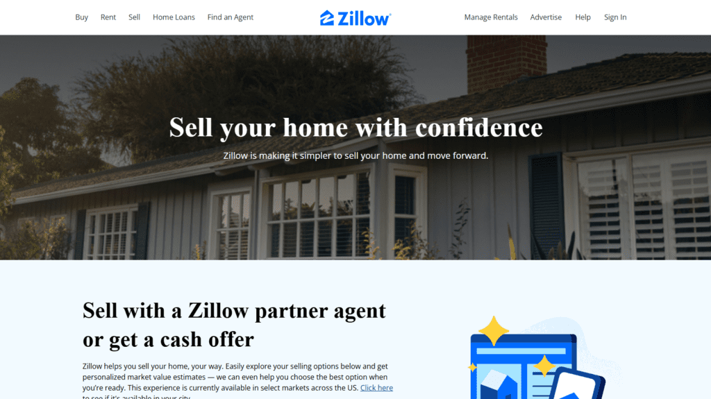 Zillow homepage highlighting their tagline 'Sell your home with confidence,' showcasing a seamless and straightforward home-selling experience with a modern house in the background.