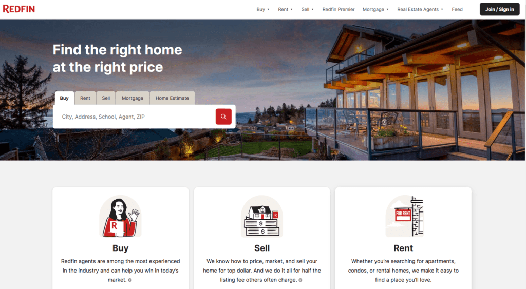 Redfin homepage showcasing a modern house at sunset, with options to buy, rent, sell, or get a home estimate. The tagline emphasizes finding the right home at the right price.