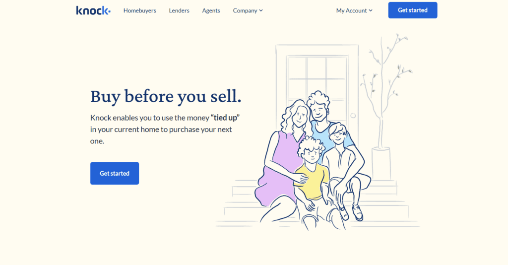 Knock homepage featuring a family illustration with the headline 'Buy before you sell.' The platform promotes using equity tied up in your current home to purchase your next one.