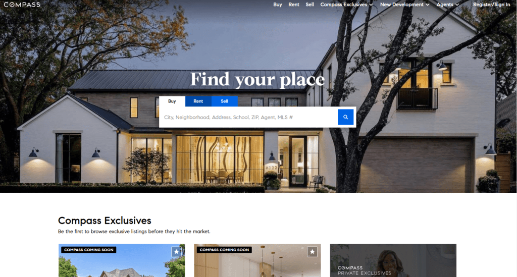 Compass homepage featuring a modern house and the tagline 'Find your place,' with search options for buying, renting, and selling properties.