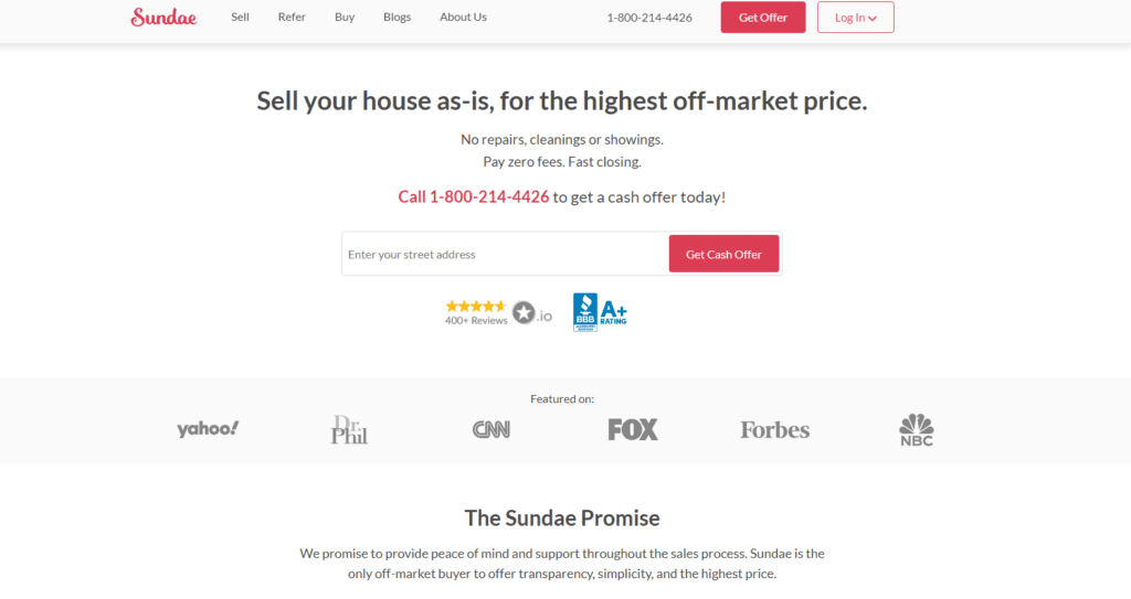 Sundae homepage showcasing their promise to sell houses 'as-is' for the highest off-market price, with no repairs, fees, or showings required.