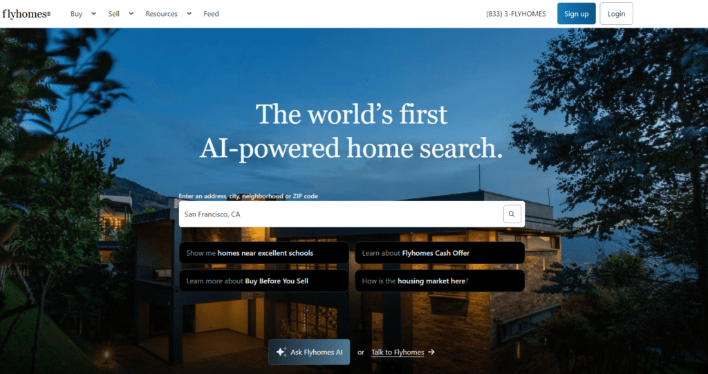 Flyhomes homepage highlighting its AI-powered home search feature, offering tools for exploring real estate markets and making cash offers.