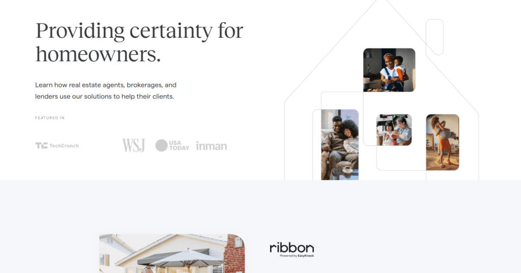 Ribbon homepage showcasing their real estate solutions for homeowners, featuring images of families and a tagline 'Providing certainty for homeowners.' Highlighted as featured in TechCrunch, WSJ, USA Today, and Inman.