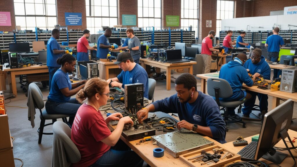 A bustling computer recycling center with a diverse group of workers dismantling and refurbishing computer components at workstations, promoting sustainability and skill development in a collaborative environment.