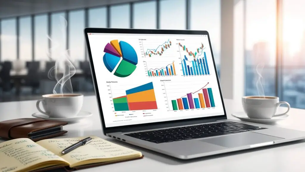 A sleek silver laptop displaying colorful business analytics charts and graphs, accompanied by a notebook, pen, and steaming coffee cups on a bright, modern office desk.