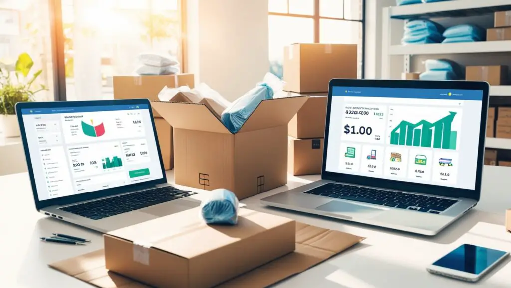 Two laptops displaying business analytics dashboards, surrounded by packaging boxes in a bright, modern workspace, representing a thriving digital business setup.