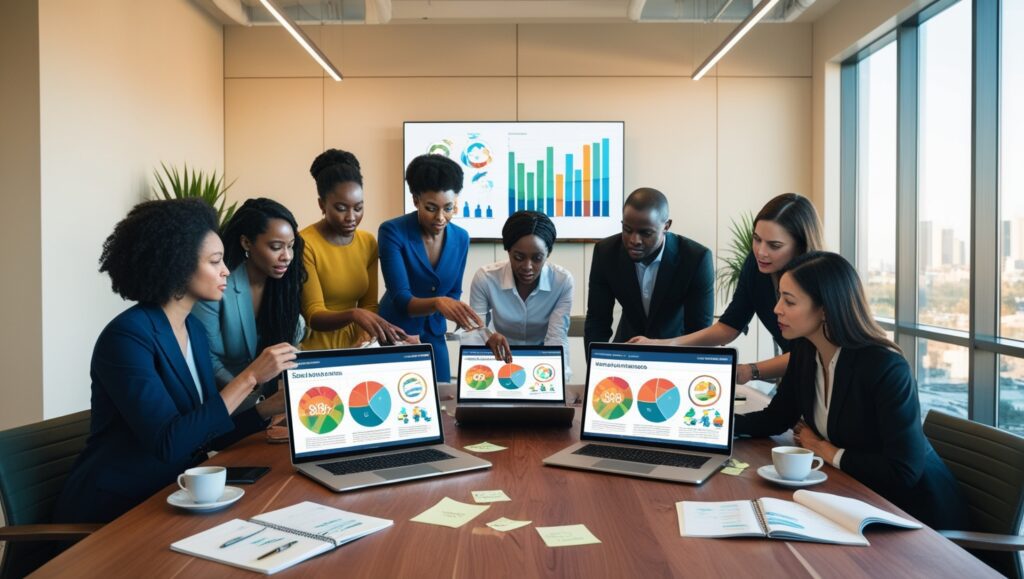 A diverse team of professionals in a modern conference room discussing data and charts displayed on laptops and a large screen, collaborating on a business strategy and analysis.