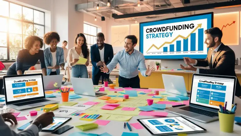 Team brainstorming session in a vibrant workspace, showcasing crowdfunding strategies with laptops, sticky notes, and a large screen displaying growth charts.