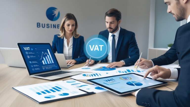 Professionals in a modern office environment analyzing VAT data on laptops, tablets, and printed charts, discussing financial insights and strategies.