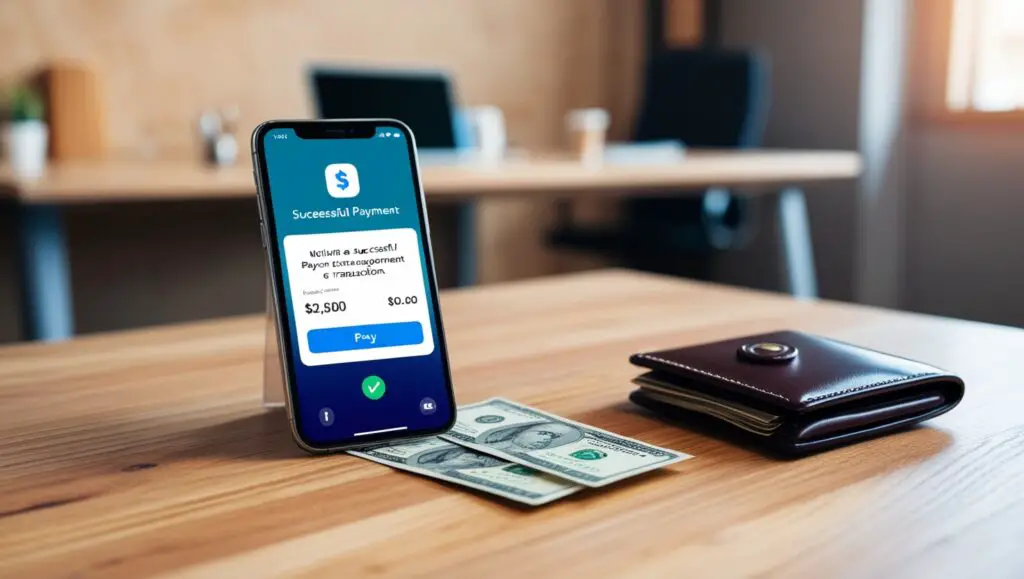 Smartphone displaying a successful payment notification on a wooden desk, accompanied by a wallet and dollar bills, symbolizing digital transactions and financial management.