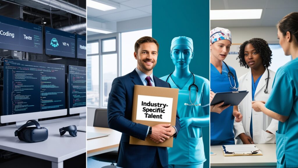 A side-by-side comparison of industry-specific talent: technology with coding setups, healthcare professionals collaborating, and a business executive showcasing tailored recruitment solutions.