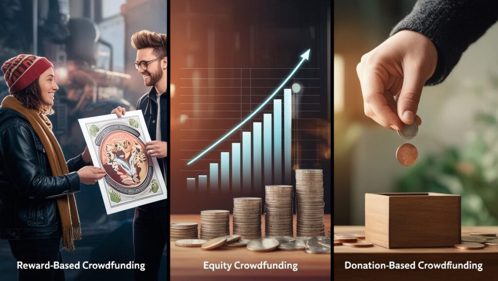 Split-screen showcasing crowdfunding types: Reward-Based crowdfunding with a product exchange, Equity crowdfunding with investment growth, and Donation-Based crowdfunding with charity support.