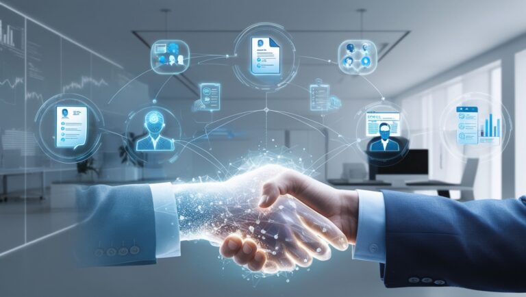 Symbolic image of modern hiring practices with a glowing digital handshake, holographic resumes, skill charts, and AI recruitment tools, set against a sleek office background with digital graphs and charts.