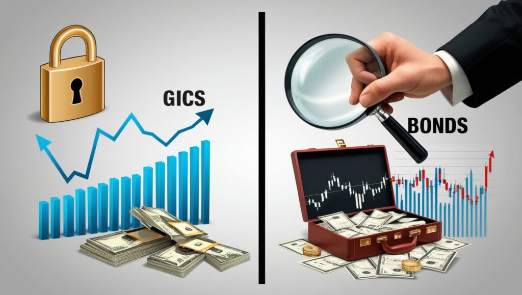 Comparison of Guaranteed Investment Contracts (GICs) with Bonds, showcasing GICs' stable growth and locked returns versus Bonds' dynamic market performance and liquidity.