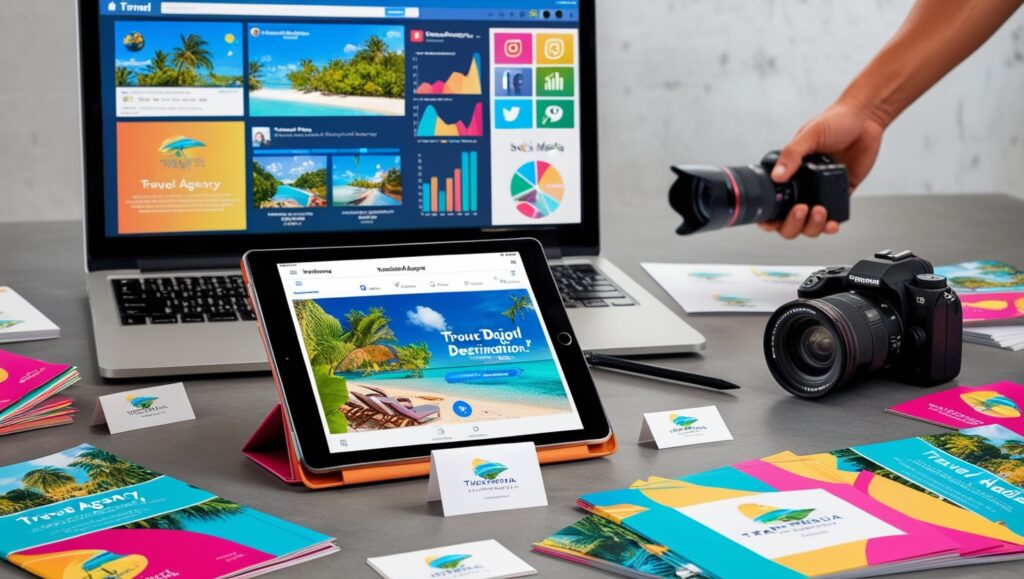 Digital marketing setup for a travel agency with a tablet, brochures, posters, and social media analytics on a computer screen.