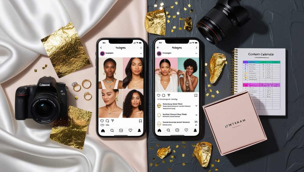 Jewelry brand's Instagram profile on smartphone with product shots, behind-the-scenes story, and creative props.