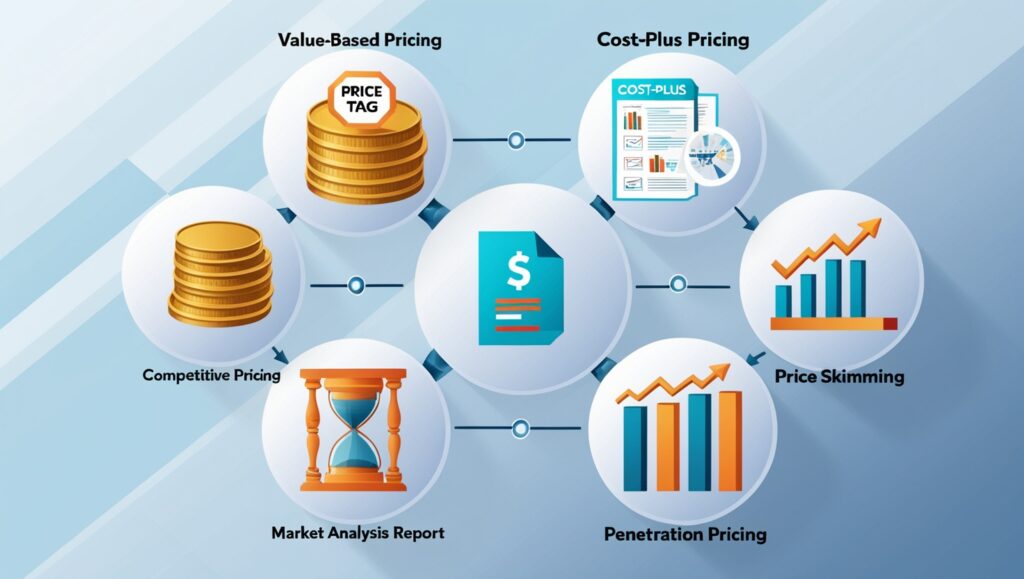 Infographic showcasing five pricing strategies: Value-Based Pricing, Cost-Plus Pricing, Price Skimming, Competitive Pricing, and Penetration Pricing, with icons and descriptive visuals.