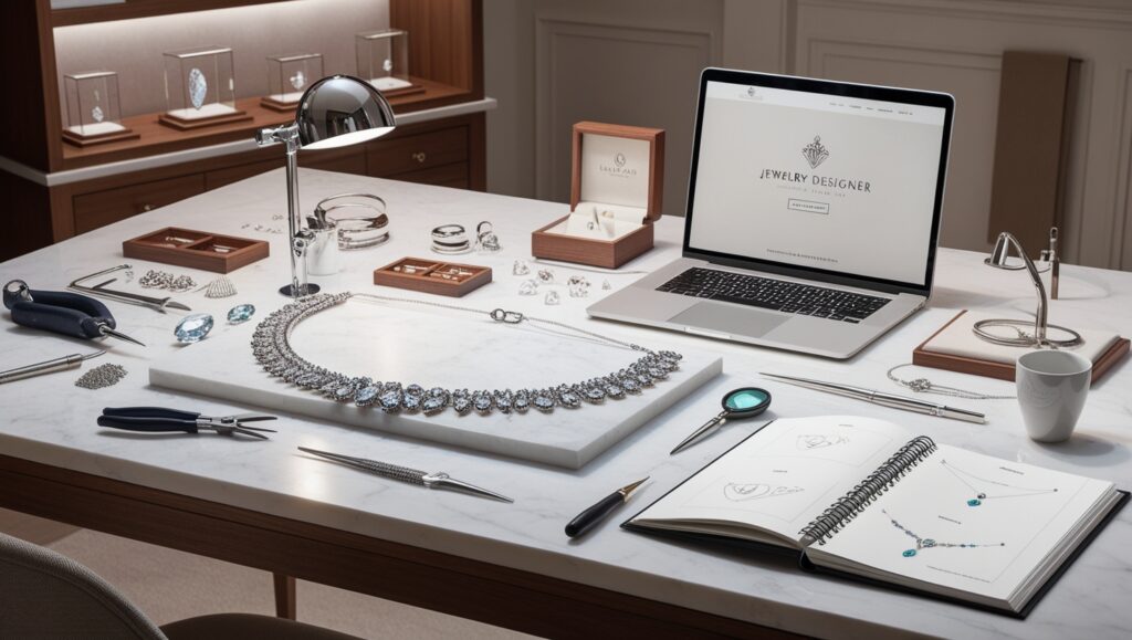 Sophisticated jewelry designer studio with silver necklace, gemstones, tools, laptop with e-commerce site, and creative design sketches.