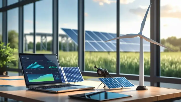 Modern Workspace Featuring Renewable Energy Models with a Laptop Displaying Energy Analytics and Solar Panels in the Background