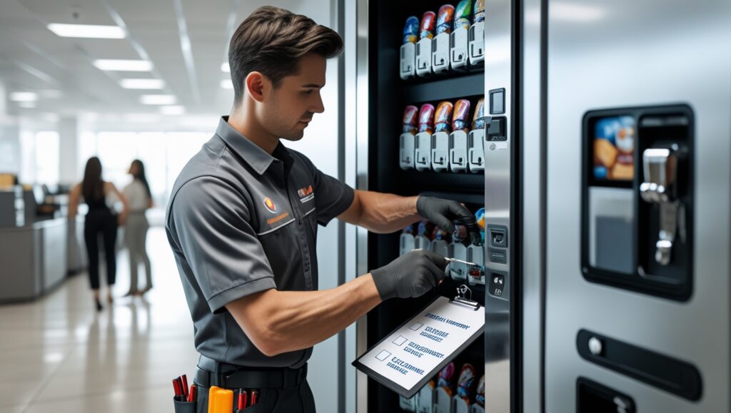 A technician restocking a vending machine with a clipboard in hand, ensuring inventory accuracy in a modern office environment.