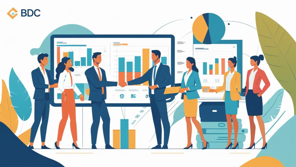 An illustration depicting professionals collaborating and shaking hands in front of digital analytics screens, symbolizing teamwork, business growth, and successful partnerships.