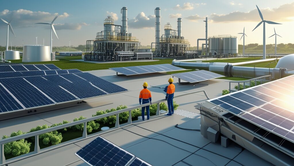 Futuristic Industrial Site with Solar Panels, Wind Turbines, and Workers Overseeing Renewable Energy Infrastructure