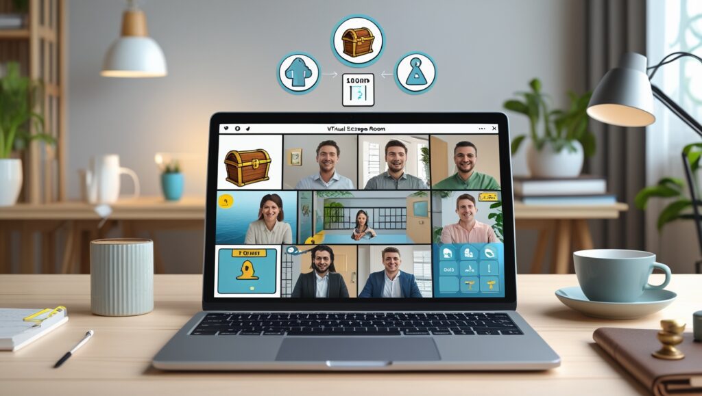 Virtual Escape Room on a Laptop Screen Featuring Team Collaboration, Puzzle Icons, and a Modern Home Office Setting