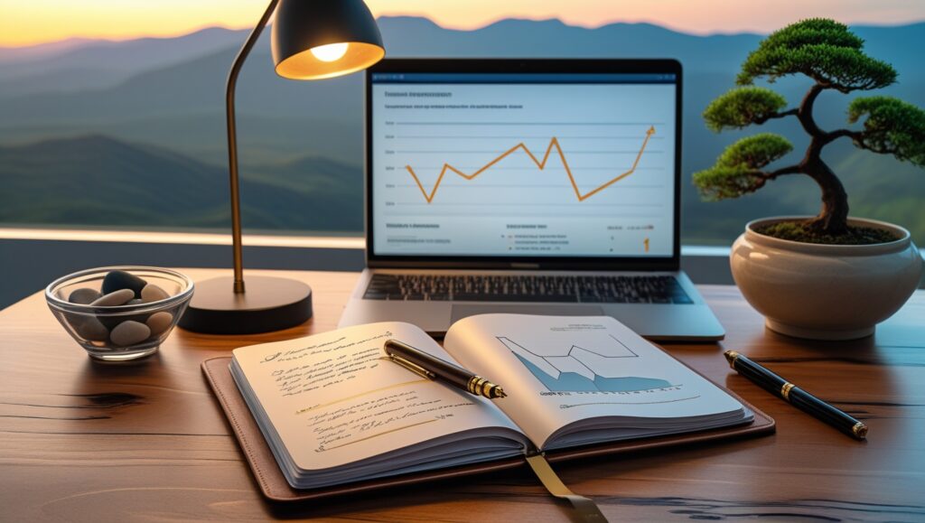 Serene Desk Setup Featuring an Open Notebook, Laptop with Financial Charts, Zen Stones, and a Bonsai Tree Against a Scenic Mountain Sunset