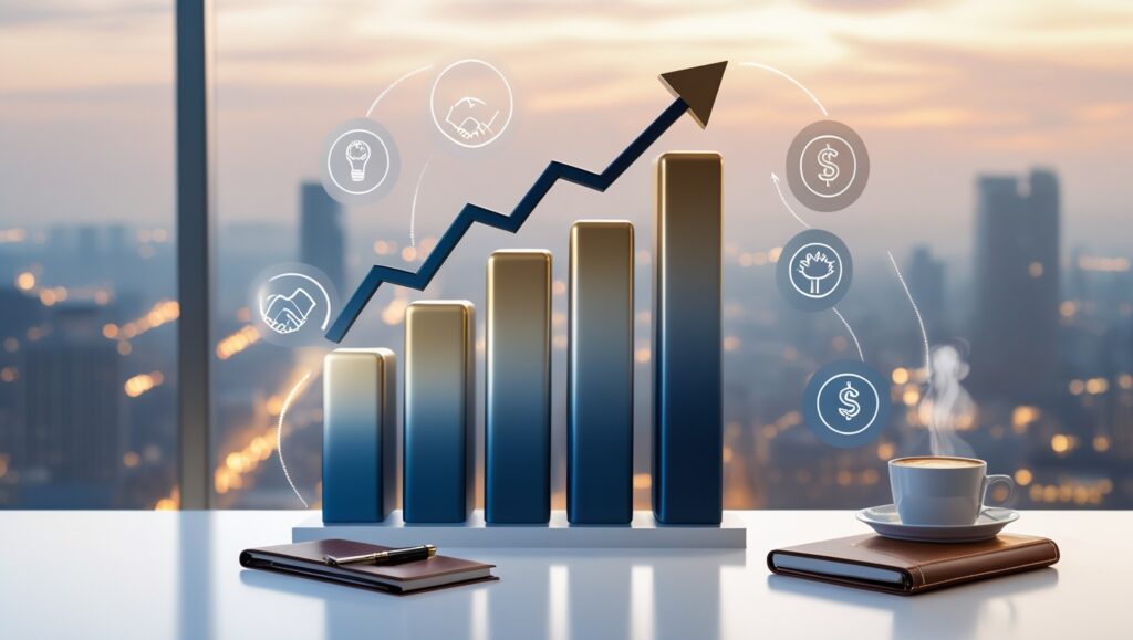 A professional visualization of business growth with a bar chart and upward arrow, complemented by icons representing innovation, collaboration, and financial success, set against a cityscape background during twilight.