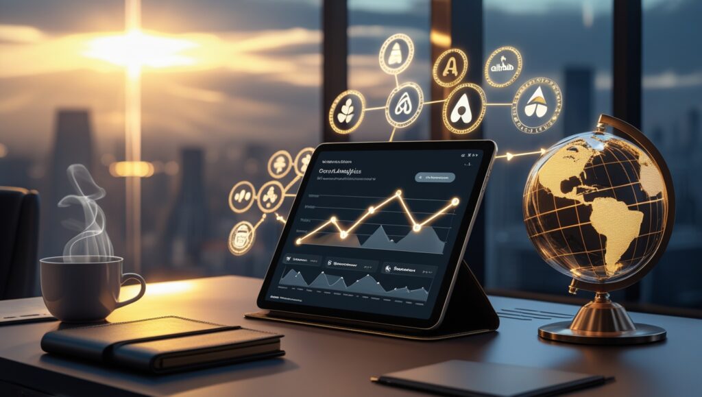 A sleek office desk with a tablet displaying analytics, a steaming coffee cup, a notebook, and a glowing globe, set against a cityscape sunset backdrop.