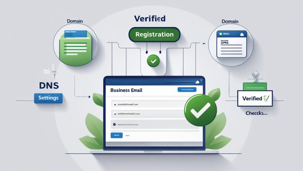 Step-by-Step Infographic Illustrating the Process of Business Email Verification and Domain Registration with DNS Settings