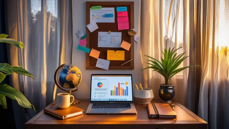 Stylish Workspace with a Laptop, Globe, Notes Board, and Plants Illuminated by Natural Light