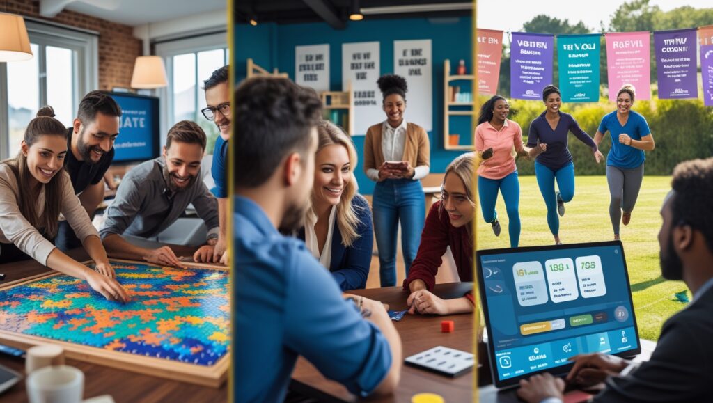 Vibrant Split-Screen Collage Depicting Team Collaboration, Problem-Solving Activities, Outdoor Team Building, and Digital Performance Analytics