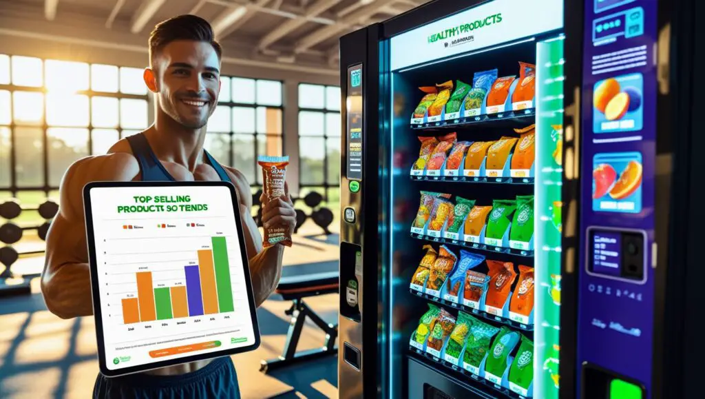 A fitness enthusiast holding a health bar and a tablet displaying top-selling product trends, standing beside a vibrant vending machine in a gym.