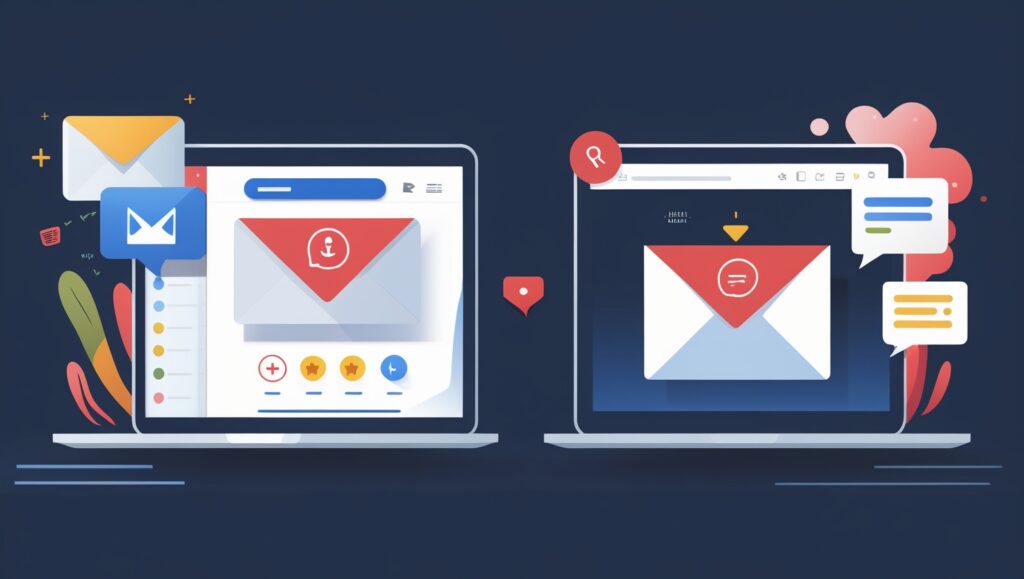 Illustrated Split-Screen Concept of Email Communication Between Two Laptops with Interactive Icons and Messaging Elements