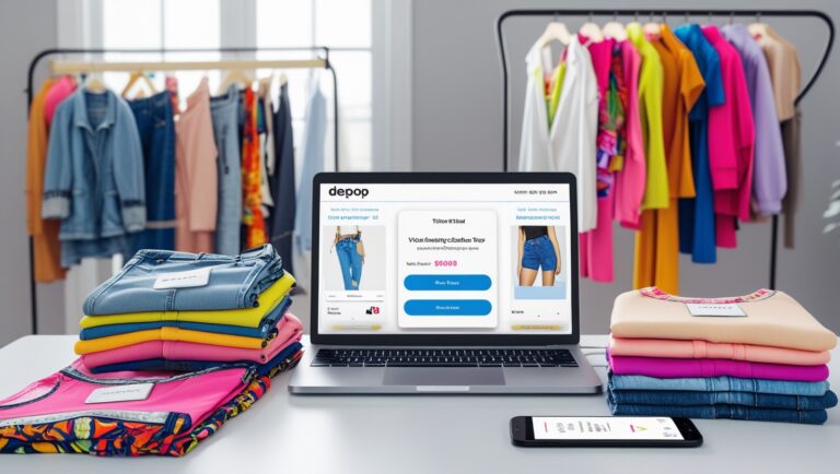 A colorful setup showcasing an online fashion marketplace on a laptop screen with folded clothes and vibrant outfits in the background, emphasizing modern e-commerce in the apparel industry.