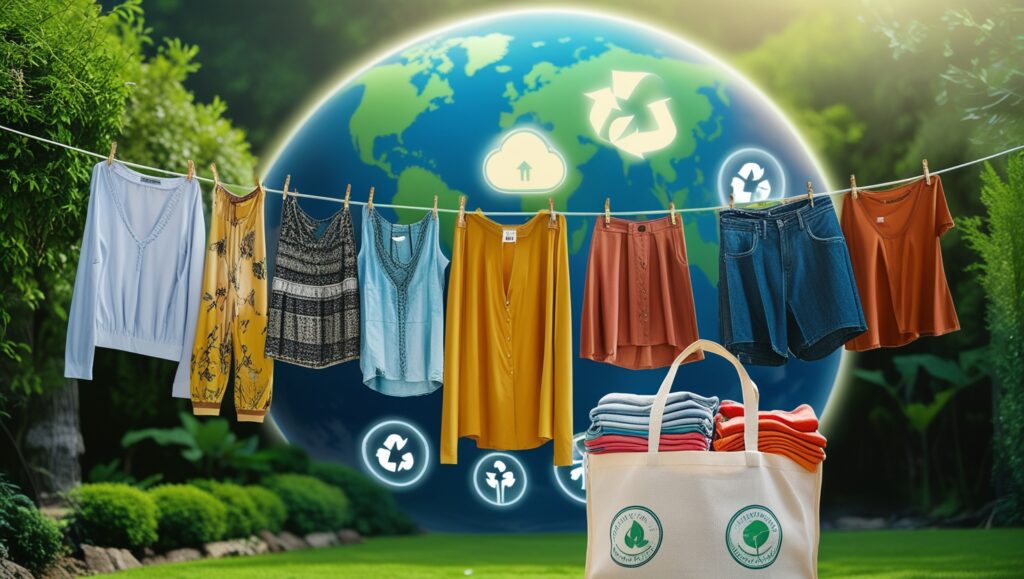 A vibrant depiction of sustainable fashion, featuring clothes hanging on a line outdoors with a globe in the background showcasing recycling and eco-friendly symbols, accompanied by a tote bag filled with folded garments.