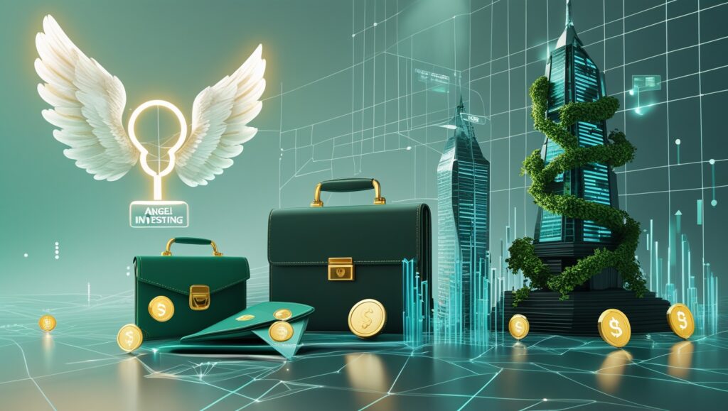 Infographic Representation of Angel Investing Featuring Money Briefcases, Golden Coins, and Sustainable Skyscrapers with Wings Symbolizing Growth and Innovation