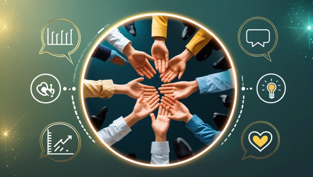 Infographic-Inspired Design Featuring a Central Circle of Hands Representing Collaboration, Surrounded by Icons for Growth, Innovation, Communication, and Teamwork