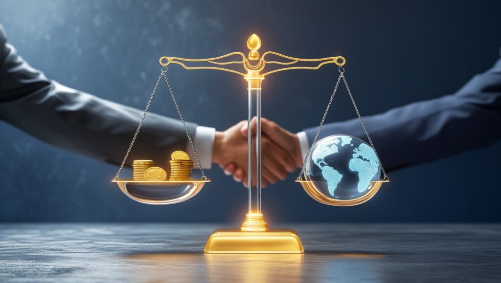 A symbolic representation of business ethics and global economics, featuring a golden balance scale weighing coins against the globe, with a handshake in the background, signifying trust and fairness in international trade.