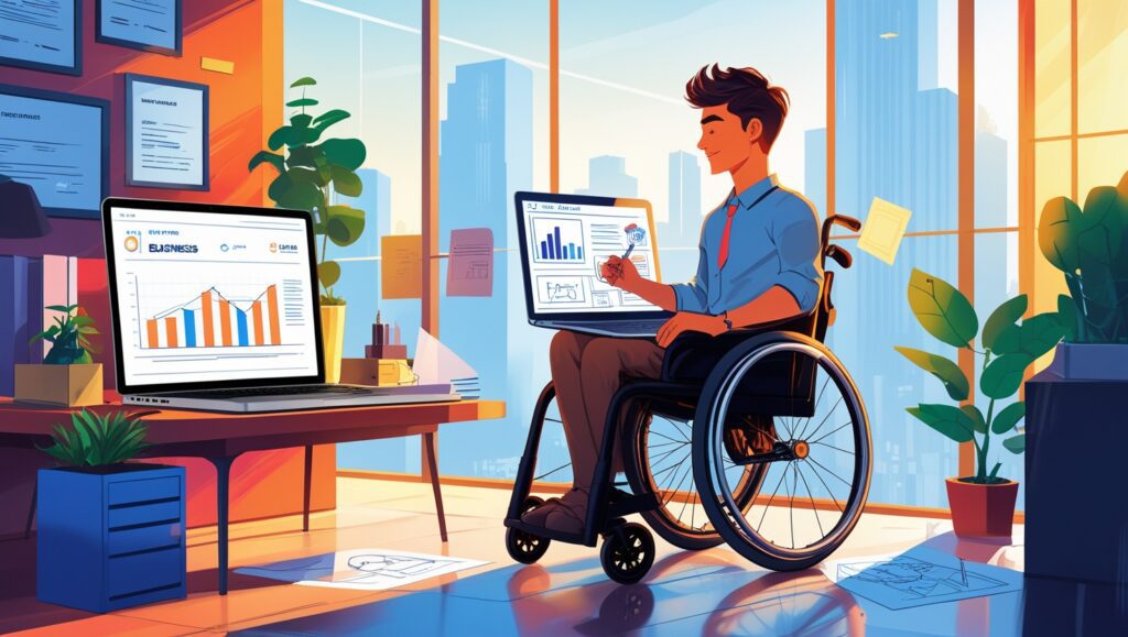 An inspiring illustration of an entrepreneur in a wheelchair, working in a vibrant office filled with natural light, reviewing business data on laptops, symbolizing determination and success in a modern workspace.