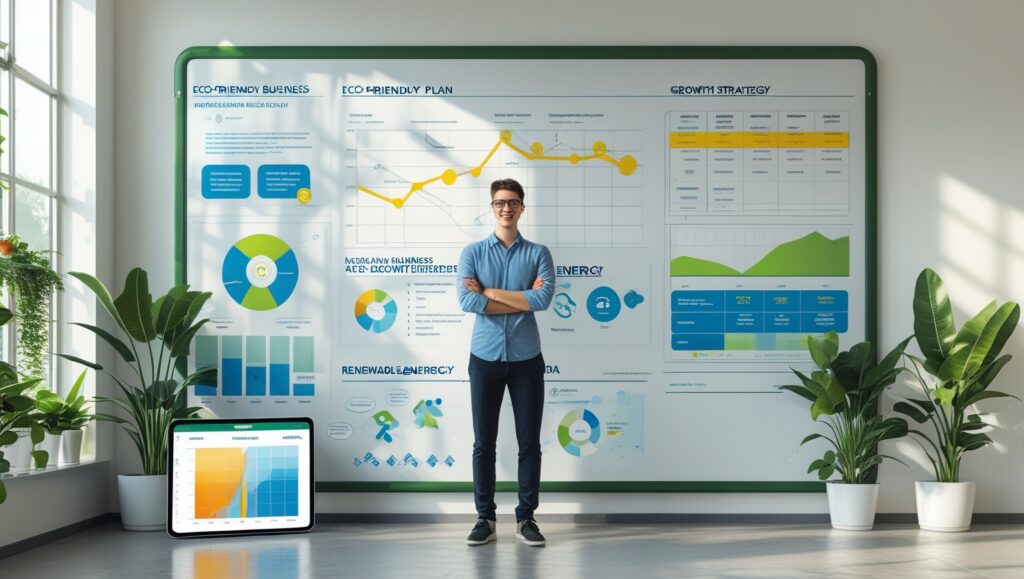 Bright Eco-Friendly Workspace Featuring a Young Professional Presenting Sustainability Data on a Modern Board with Charts and Plants