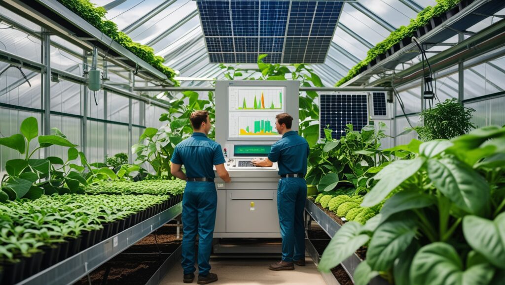 High-Tech Greenhouse with Two Workers Monitoring Data on a Solar-Powered System Surrounded by Vibrant Green Plants