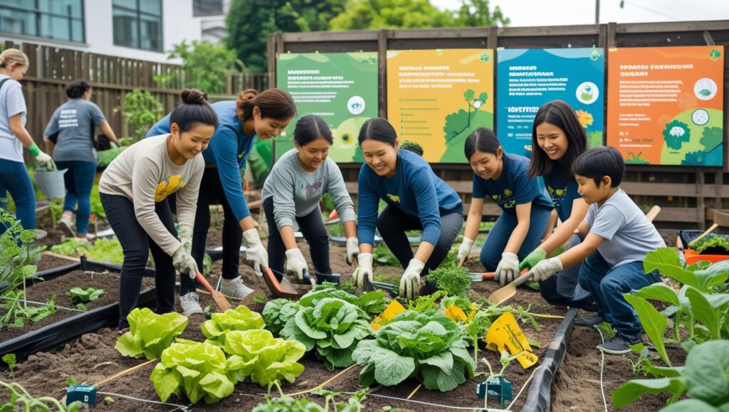 Community Garden Project with Volunteers of All Ages Planting and Tending Vegetables Together in a Collaborative and Educational Environment