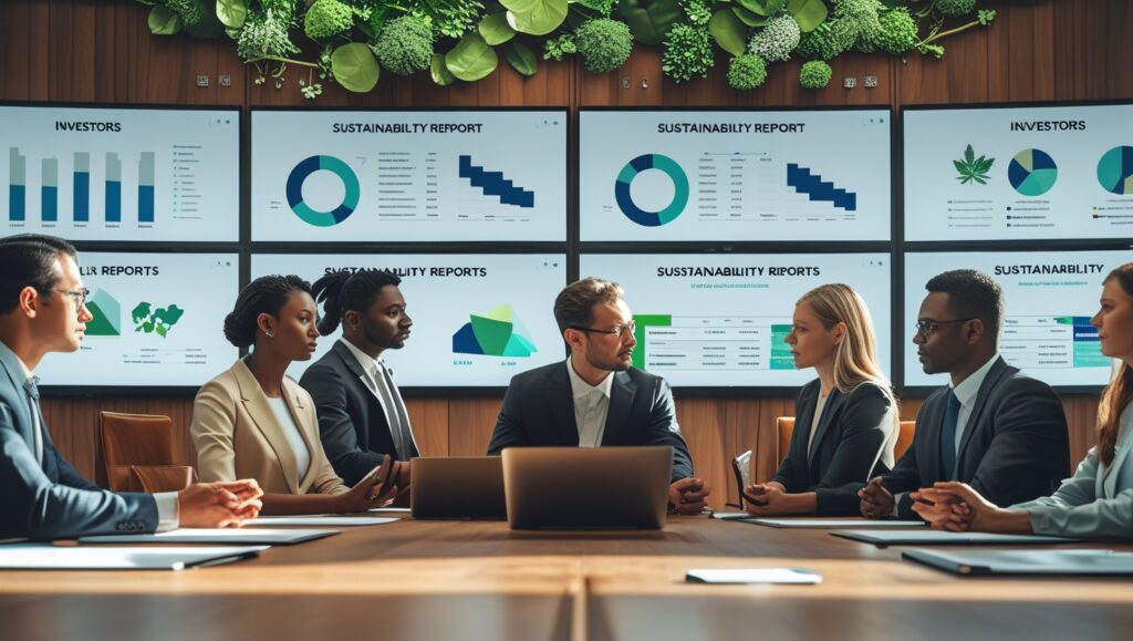 Modern Boardroom Meeting with Diverse Professionals Discussing Sustainability Reports and Investment Strategies, Surrounded by Green Wall Decor and Data Screens